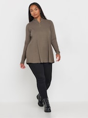 Yours Curve Brown Quarter Zip Rib 100% Cotton Top - Image 2 of 5