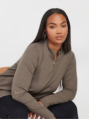 Yours Curve Brown Quarter Zip Rib 100% Cotton Top - Image 4 of 5