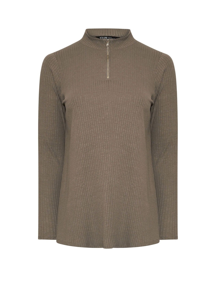 Yours Curve Brown Quarter Zip Rib 100% Cotton Top - Image 5 of 5