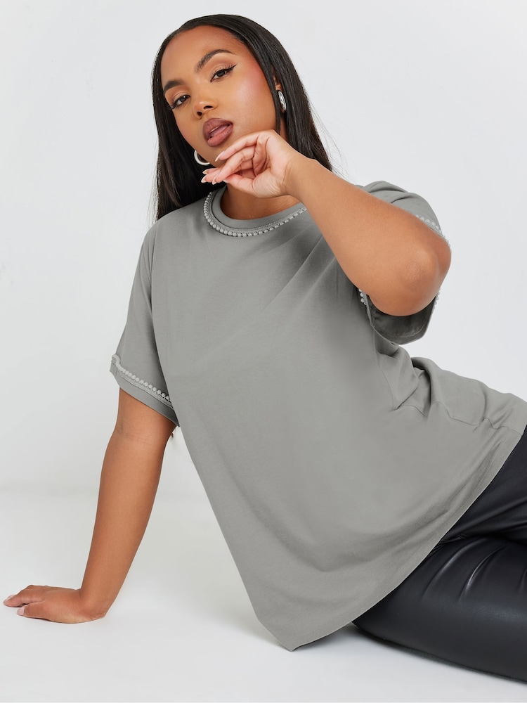 Yours Curve Grey 100% Cotton Pearl Trim T-Shirt - Image 1 of 5