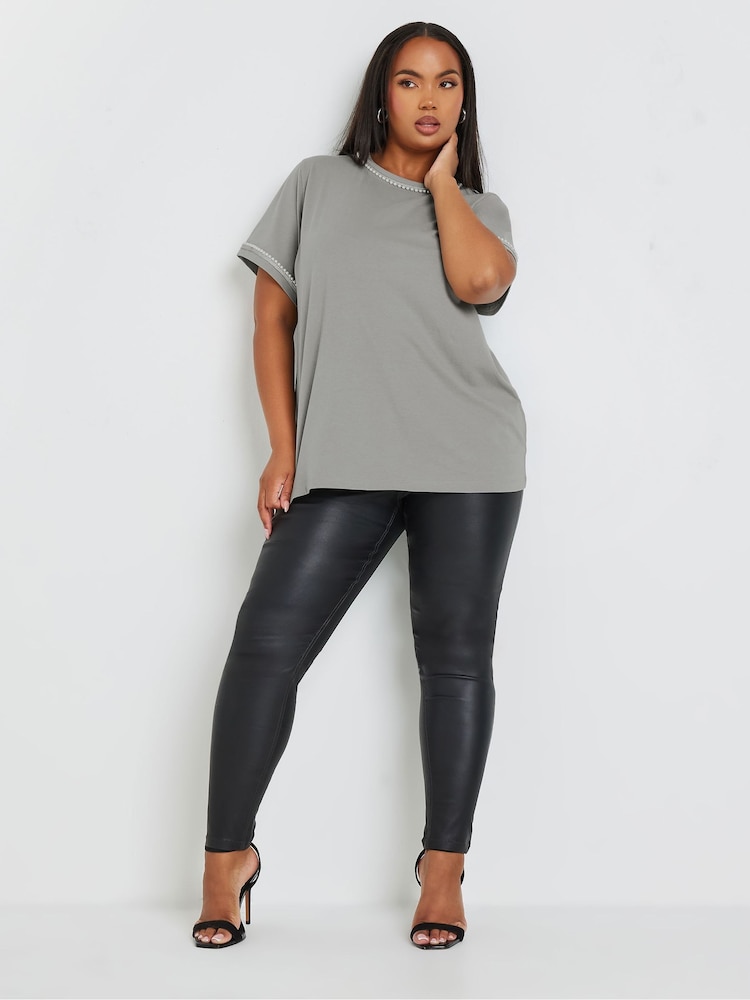 Yours Curve Grey 100% Cotton Pearl Trim T-Shirt - Image 2 of 5