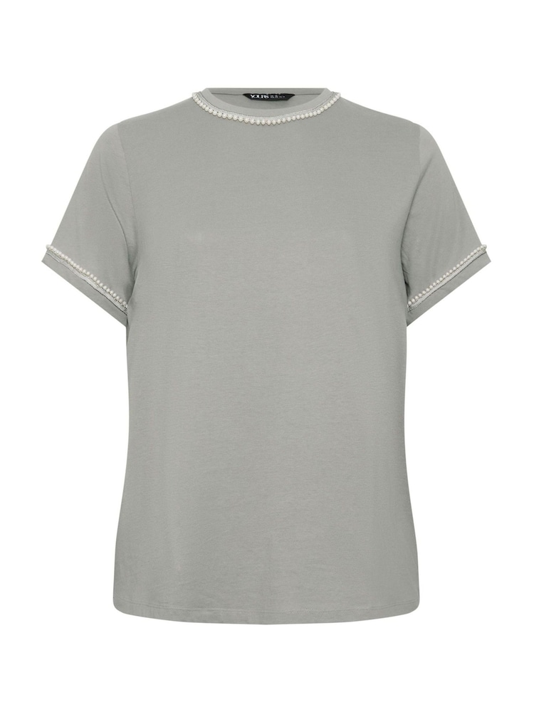 Yours Curve Grey 100% Cotton Pearl Trim T-Shirt - Image 5 of 5