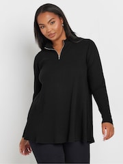 Yours Curve Black Quarter Zip Rib 100% Cotton Top - Image 1 of 5