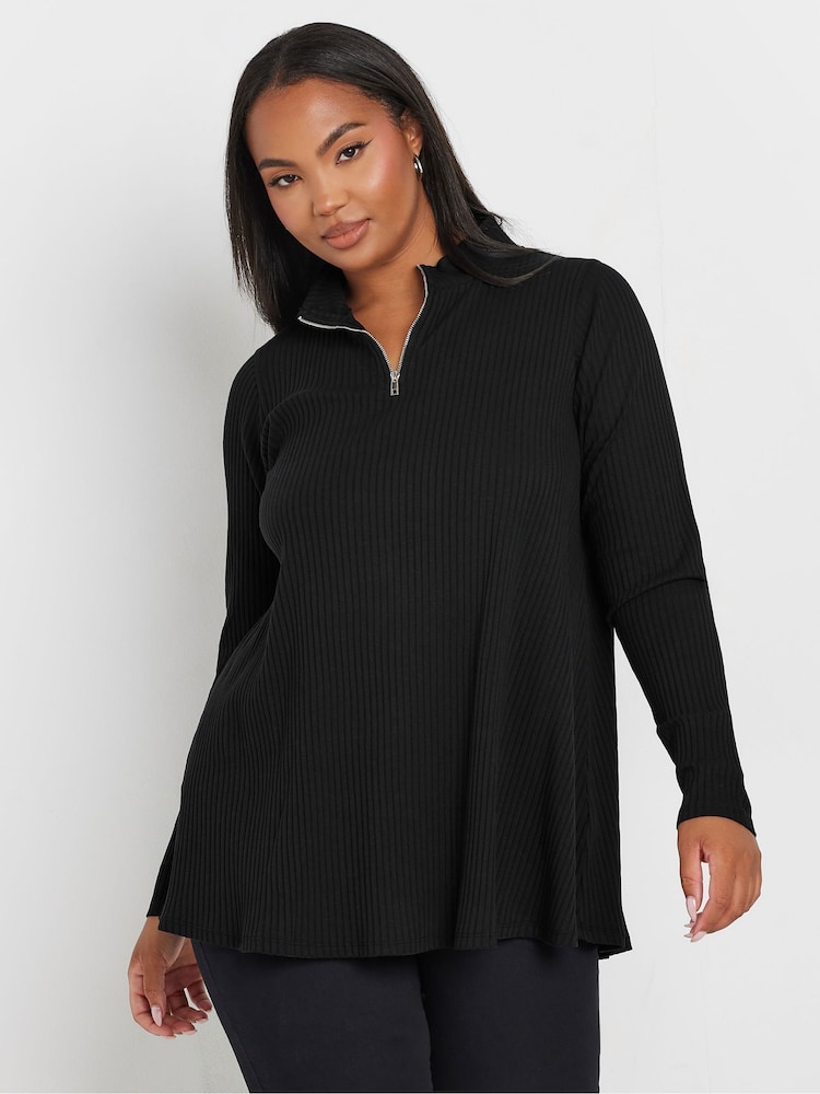 Yours Curve Black Quarter Zip Rib 100% Cotton Top - Image 1 of 5