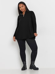 Yours Curve Black Quarter Zip Rib 100% Cotton Top - Image 2 of 5