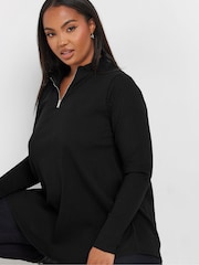 Yours Curve Black Quarter Zip Rib 100% Cotton Top - Image 4 of 5