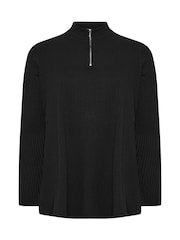 Yours Curve Black Quarter Zip Rib 100% Cotton Top - Image 5 of 5