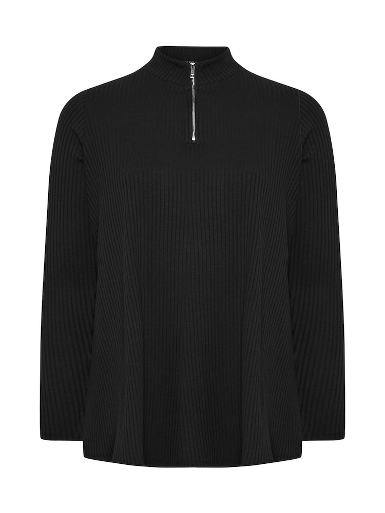 Yours Curve Black Quarter Zip Rib 100% Cotton Top - Image 5 of 5