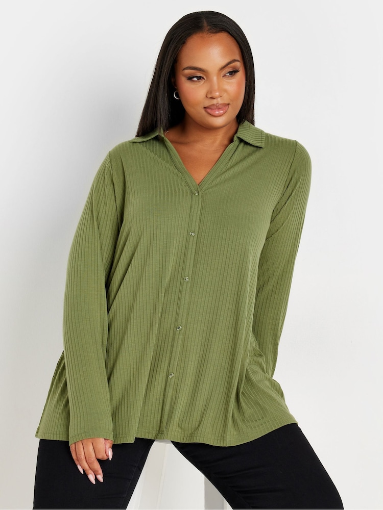 Yours Curve Bottle Green Collar Rib Button Front Top - Image 1 of 5