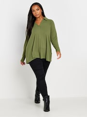 Yours Curve Bottle Green Collar Rib Button Front Top - Image 2 of 5