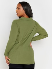 Yours Curve Bottle Green Collar Rib Button Front Top - Image 3 of 5