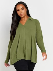 Yours Curve Bottle Green Collar Rib Button Front Top - Image 4 of 5