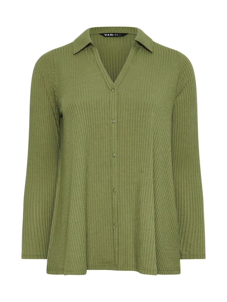 Yours Curve Bottle Green Collar Rib Button Front Top - Image 5 of 5
