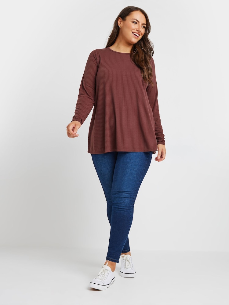 Yours Curve Red Chrome Long Sleeve Rib Swing T-Shirt - Image 2 of 5