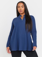 Yours Curve Blue Quarter Zip Rib 100% Cotton Top - Image 1 of 5