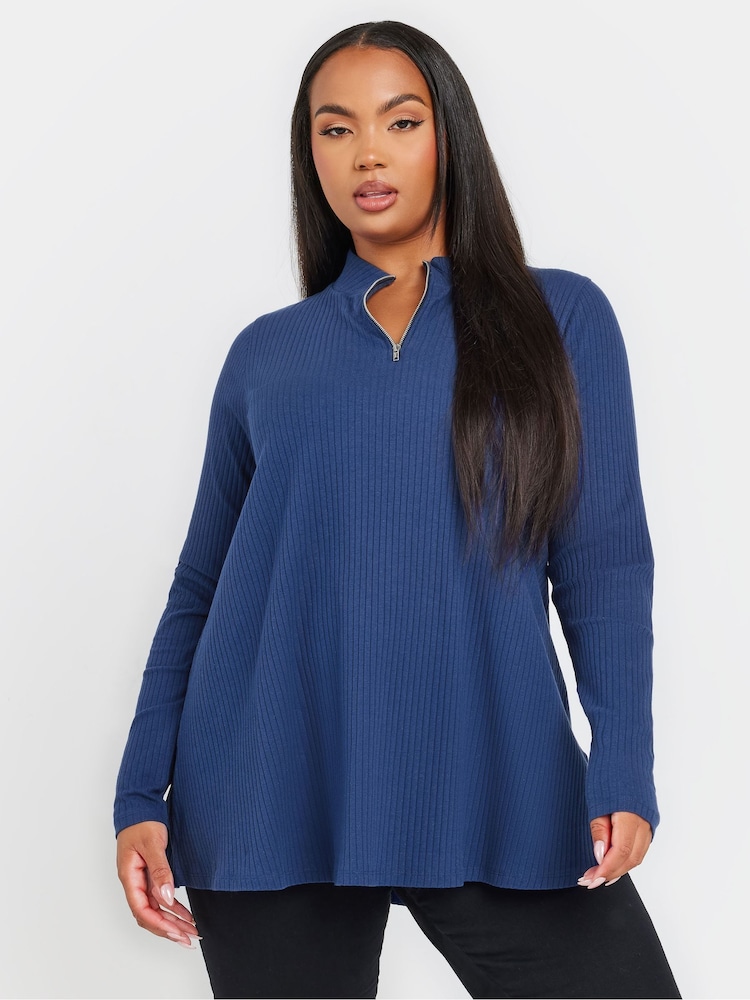 Yours Curve Blue Quarter Zip Rib 100% Cotton Top - Image 1 of 5