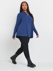 Yours Curve Blue Quarter Zip Rib 100% Cotton Top - Image 2 of 5