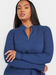 Yours Curve Blue Quarter Zip Rib 100% Cotton Top - Image 4 of 5