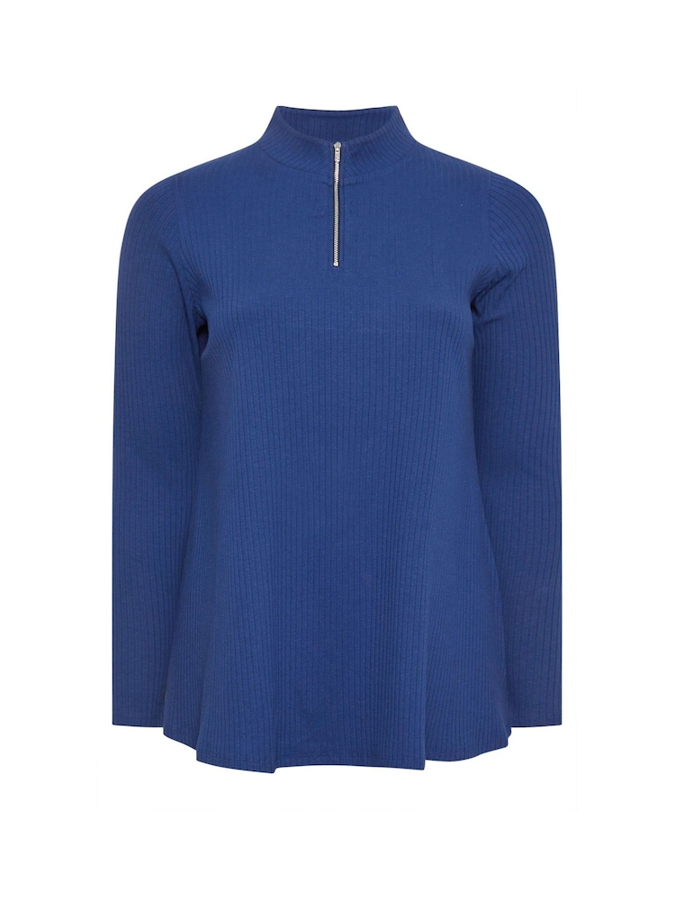 Yours Curve Blue Quarter Zip Rib 100% Cotton Top - Image 5 of 5