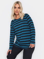 Yours Curve Green 100% Cotton Long Sleeve Stripe Basic T-Shirt - Image 1 of 5