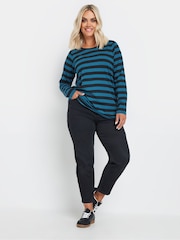 Yours Curve Green 100% Cotton Long Sleeve Stripe Basic T-Shirt - Image 2 of 5