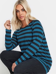 Yours Curve Green 100% Cotton Long Sleeve Stripe Basic T-Shirt - Image 4 of 5