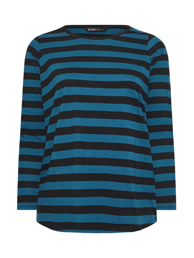 Yours Curve Green 100% Cotton Long Sleeve Stripe Basic T-Shirt - Image 5 of 5