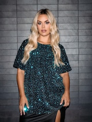 Yours Curve Blue London Sequin Velvet T-Shirt - Image 1 of 5