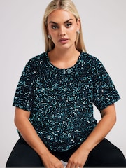 Yours Curve Blue London Sequin Velvet T-Shirt - Image 2 of 5