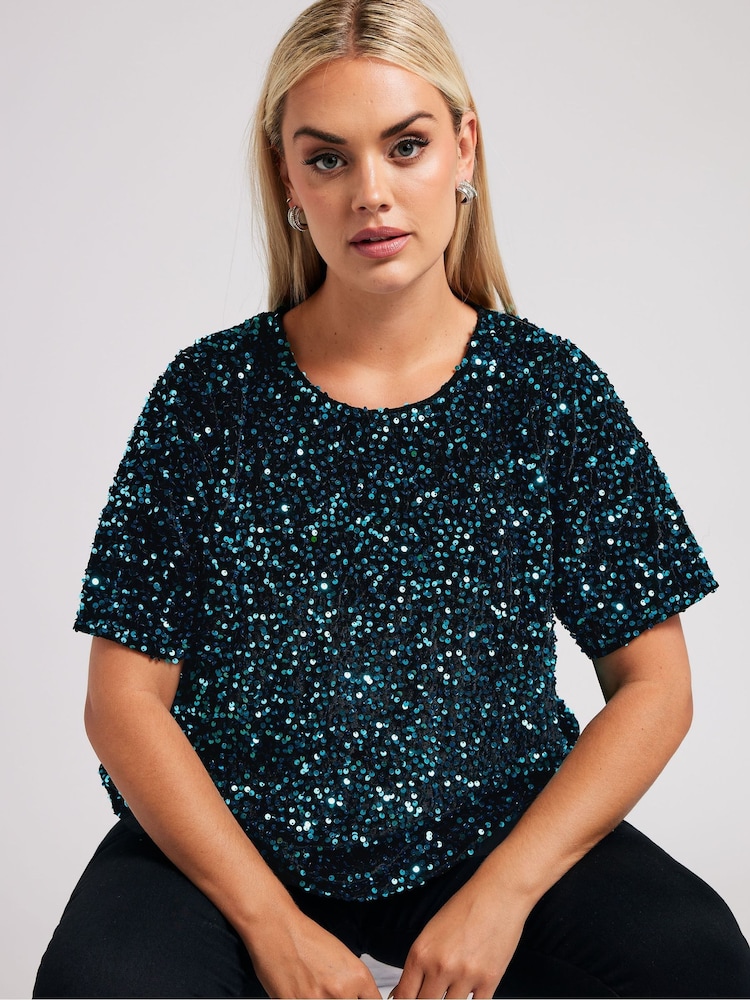 Yours Curve Blue London Sequin Velvet T-Shirt - Image 2 of 5