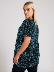 Yours Curve Blue London Sequin Velvet T-Shirt - Image 3 of 5