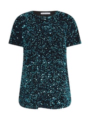 Yours Curve Blue London Sequin Velvet T-Shirt - Image 5 of 5