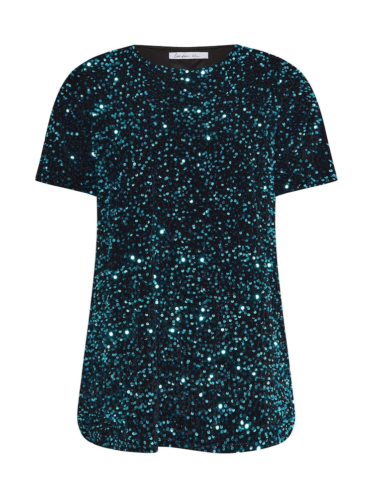 Yours Curve Blue London Sequin Velvet T-Shirt - Image 5 of 5