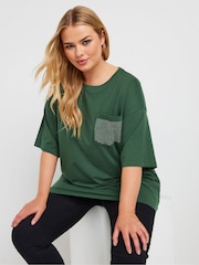 Yours Curve Green Oversized 100% Cotton Stud Pocket T-Shirt - Image 1 of 5