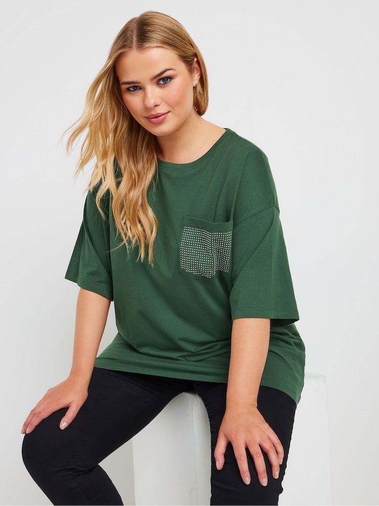 Yours Curve Green Oversized 100% Cotton Stud Pocket T-Shirt - Image 1 of 5