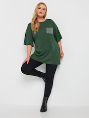 Yours Curve Green Oversized 100% Cotton Stud Pocket T-Shirt - Image 2 of 5