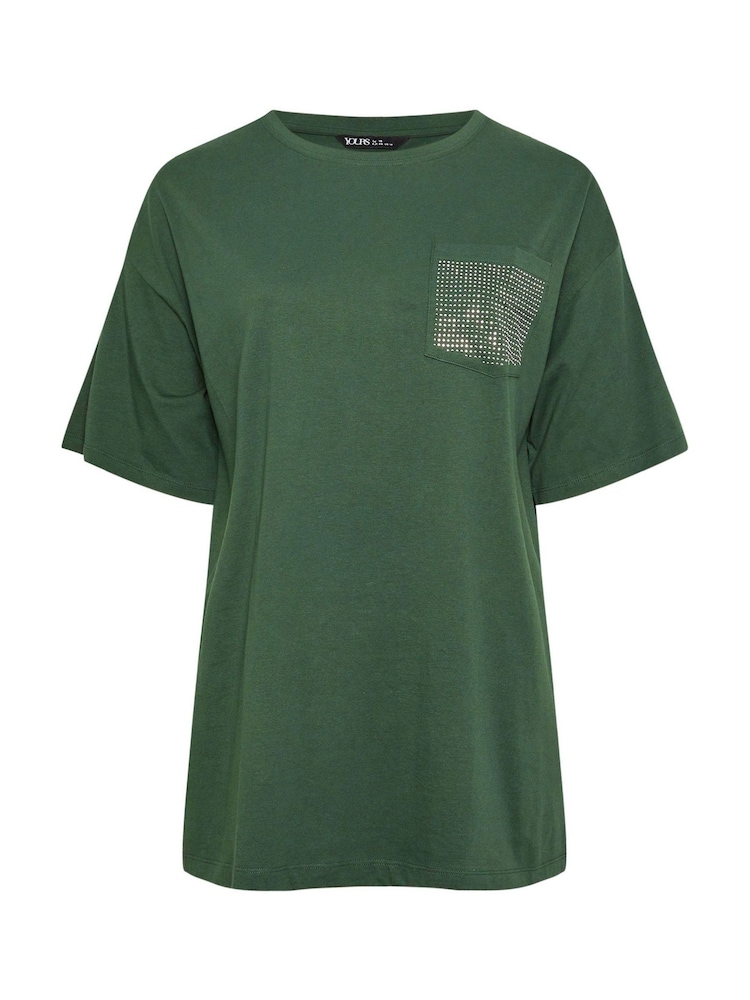 Yours Curve Green Oversized 100% Cotton Stud Pocket T-Shirt - Image 5 of 5