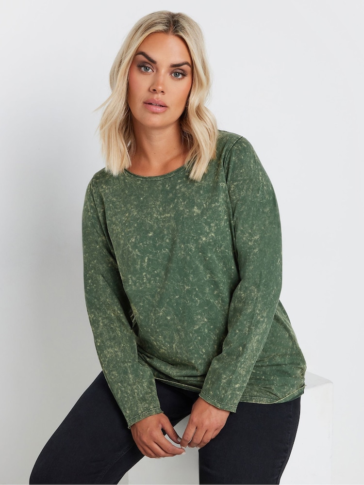 Yours Curve Green 100% Cotton Long Sleeve Acid Wash T-Shirt - Image 1 of 5