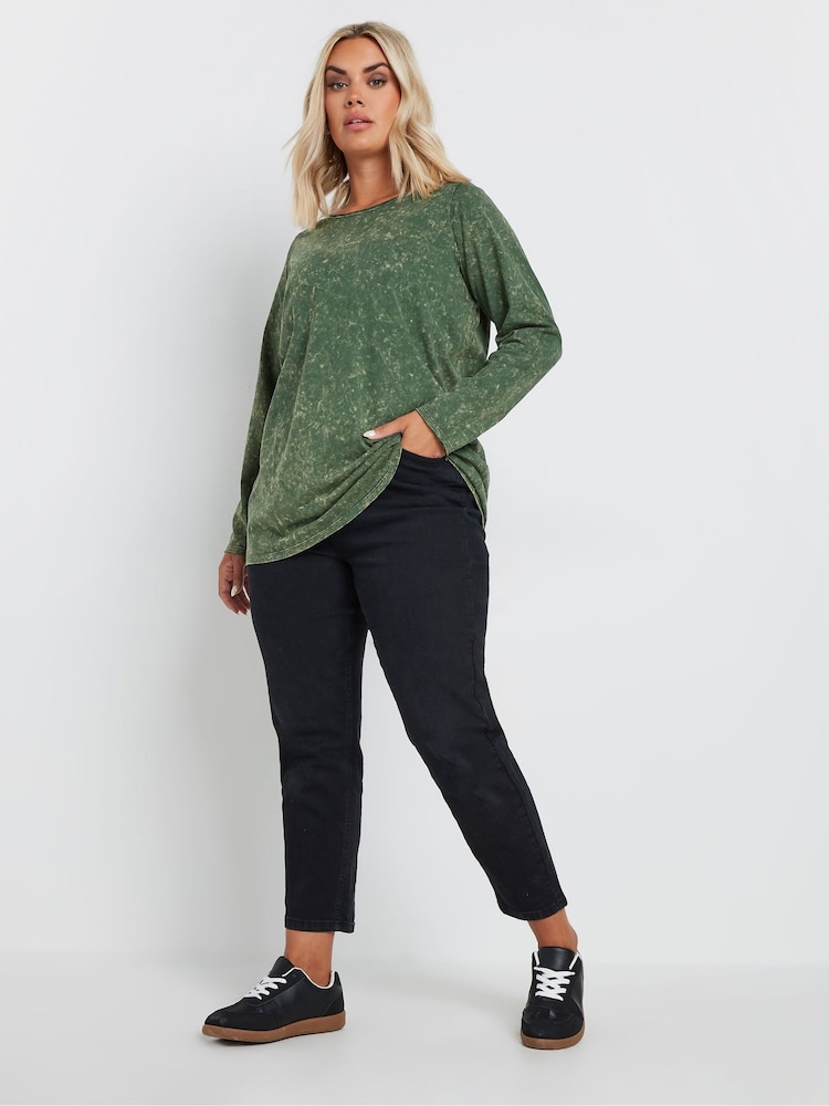 Yours Curve Green 100% Cotton Long Sleeve Acid Wash T-Shirt - Image 2 of 5