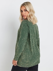 Yours Curve Green 100% Cotton Long Sleeve Acid Wash T-Shirt - Image 3 of 5