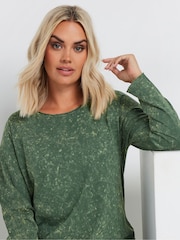 Yours Curve Green 100% Cotton Long Sleeve Acid Wash T-Shirt - Image 4 of 5