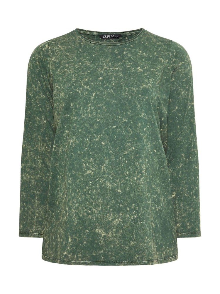 Yours Curve Green 100% Cotton Long Sleeve Acid Wash T-Shirt - Image 5 of 5