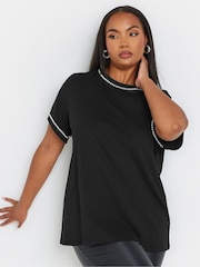 Yours Curve Black 100% Cotton Pearl Trim T-Shirt - Image 1 of 5