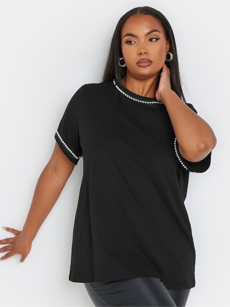 Yours Curve Black 100% Cotton Pearl Trim T-Shirt - Image 1 of 5