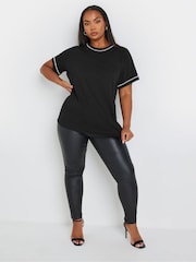 Yours Curve Black 100% Cotton Pearl Trim T-Shirt - Image 2 of 5