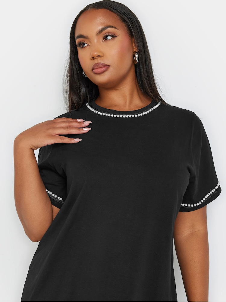 Yours Curve Black 100% Cotton Pearl Trim T-Shirt - Image 3 of 5