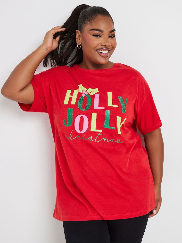 Yours Curve Red Holly Jolly Christmas Novelty T-Shirt - Image 1 of 5