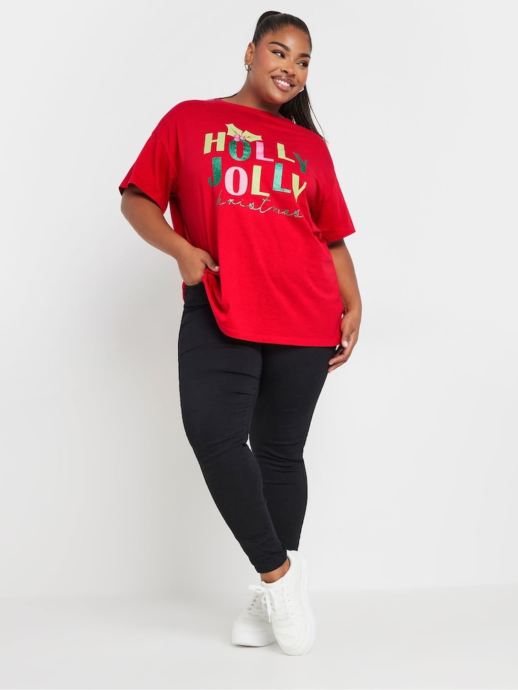 Yours Curve Red Holly Jolly Christmas Novelty T-Shirt - Image 2 of 5