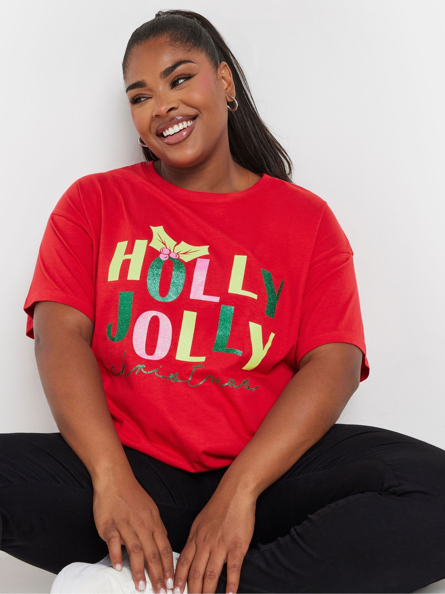 Buy Yours Curve Red Holly Jolly Christmas Novelty T-Shirt from