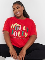 Yours Curve Red Holly Jolly Christmas Novelty T-Shirt - Image 4 of 5